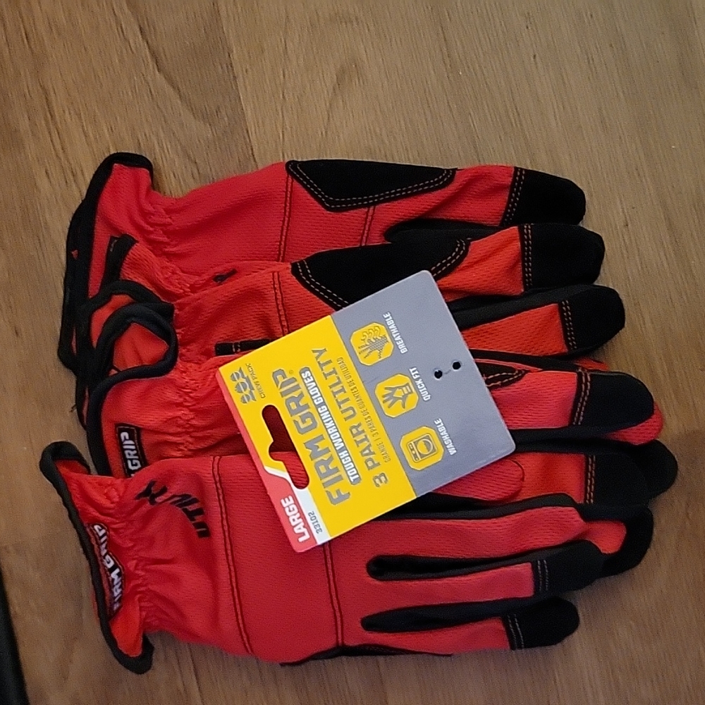 FIRM GRIP 3 PACK LARGE UTILITY WORK GLOVES  Red & Black New